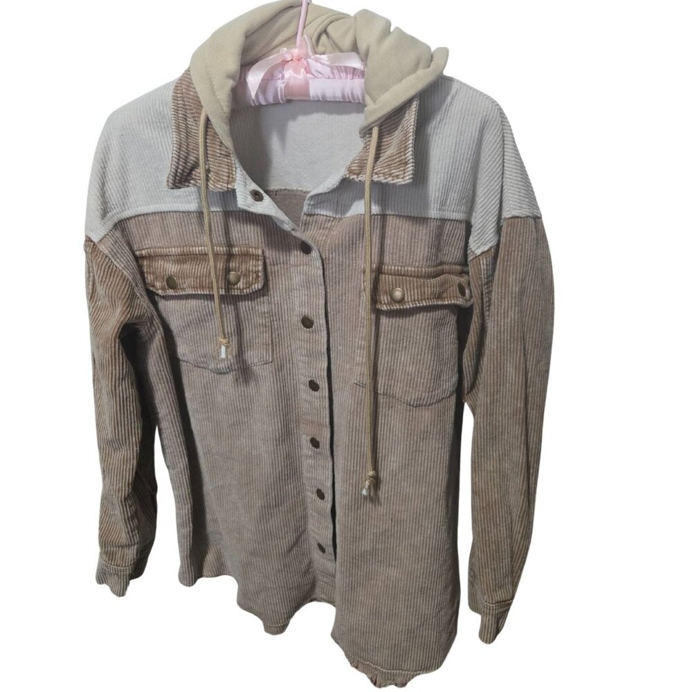 Women's Corduroy Color Block Hooded Long Sleeve Jacket, Size Large